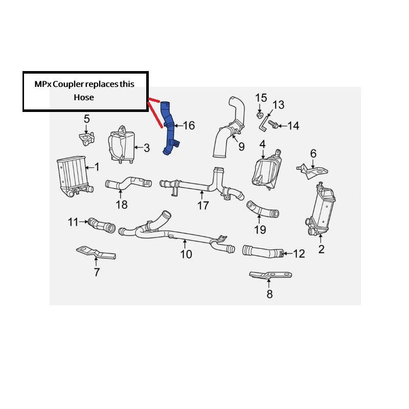 MPx Silicone Turbo Outlet hose Dart 1.4 Turbo/Fiat 500 1.4 Turbo Abarth replaces 52014693AA